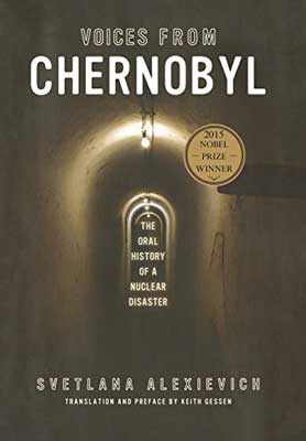 Voices from Chernobyl: The Oral History of a Nuclear Disaster by Svetlana Alexievich book cover with dark small hallway with lights