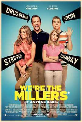 We're the Millers movie poster with family of four white people including mom, dad, and two young girls with dirty blonde hair and arrows with sayings like runaway