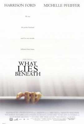 What lies beneath movie poster with white hand only holding onto a possible railing with white background