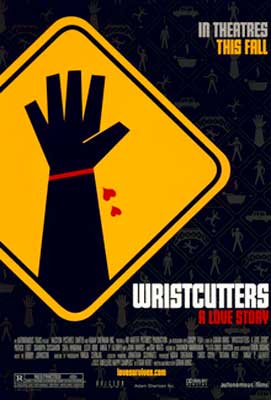 Wristcutters Movie Poster with black hand slit at wrist with red blood coming out on yellow traffic sign
