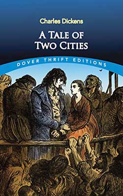 A Tale Of Two Cities by Charles Dickens book cover with young male and female talking in a crowd