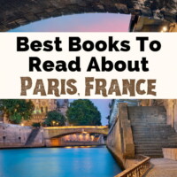 Best Books About Paris with image of Notre Dame from under bridge with blue water and pink-purple sunset
