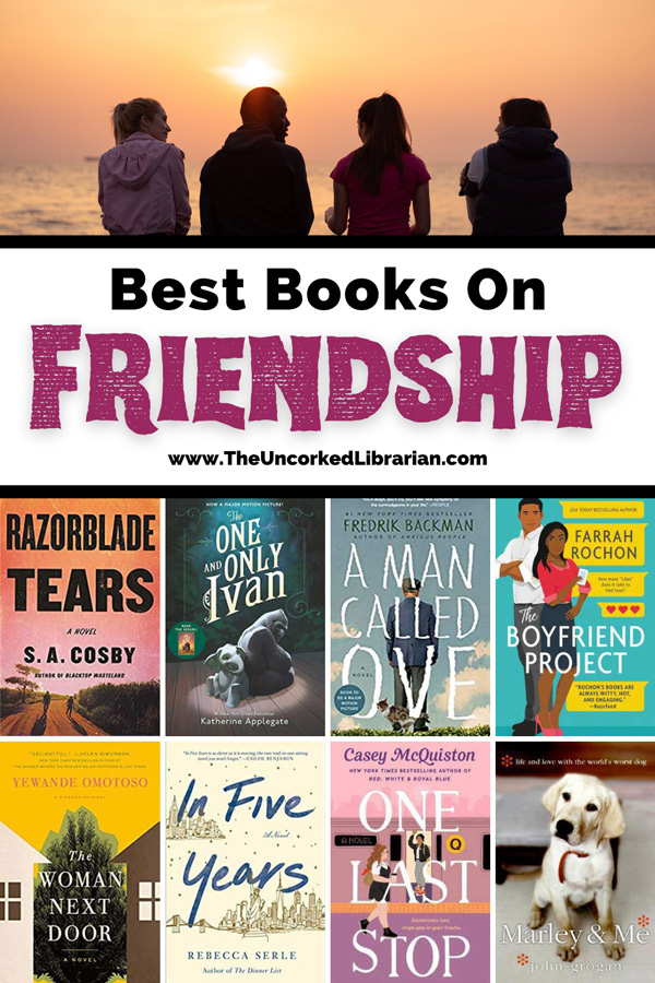 Best Books On Friendship Pinterest pin with four people sitting on dock with back to viewer during sunset and book covers for Razorblade Tears, One and Only Ivan, A Man Called Ove, Thhe Boyfriend Project, The Woman Next Door, In Five Years, On Last Stop, Marley and Me