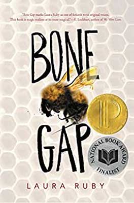Bone Gap by Laura Ruby book cove with bee at center and honeycomb like design for background