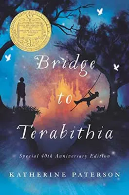 Bridge to Terabithia by Katherine Paterson book cover with young children playing one on one side of forest on a tree swing and the other standing on the edge of a small cliff