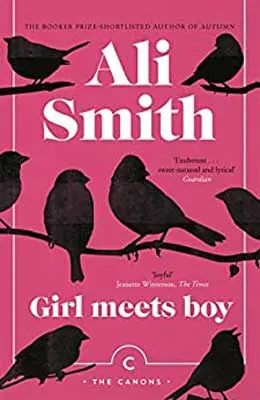Girl Meets Boy by Ali Smith book cover with black birds on branch and pink cover