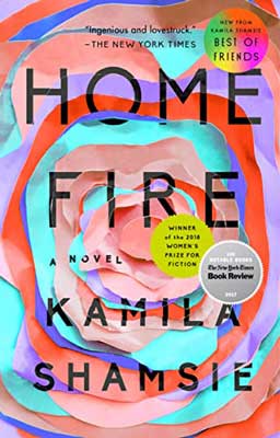 Home Fire by Kamila Shamsie book cover with purple, red, turquoise, pink circles