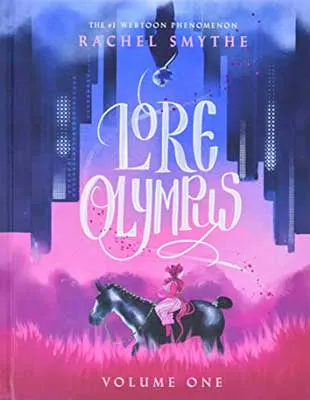 Lore Olympus by Rachel Smythe book coverr with a person riding a black horse in pink and purple grass