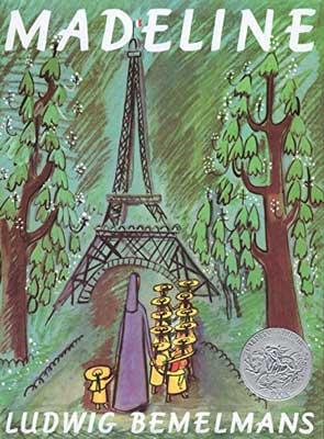 Madeline by Ludwig Bemelmans book cover with illustrated image of nun walking kids in yellow coats to Eiffel Tower