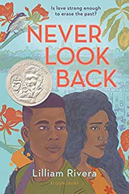 Never Look Back by Lilliam Rivera book cover with Black male and female and orange and green leaves