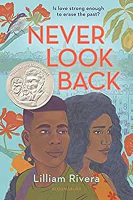 Never Look Back by Lilliam Rivera book cover with Black male and female and orange and green leaves