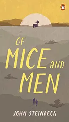 Of Mice and Men by John Steinbeck book cover with grayish landscape and two people from far away walking with tiny house in the distance