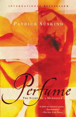Perfume by Patrick Suskind book cover with person in red, orange, and yellow tinted colors