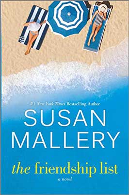 The Friendship List by Susan Mallery book cover with sandy beach, blue water, and people laying out on beach towels
