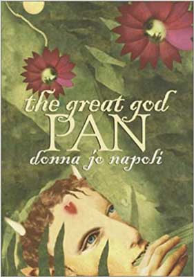 The Great God Pan by Donna Jo Napoli book cover with person looking into green brush with red flowers