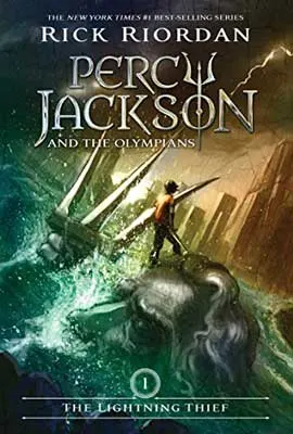 The Lightning Thief by Rick Riordan book cover with young boy in mythical world