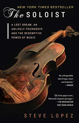 The Soloist by Steve Lopez book cover with violin and reflection of person in it