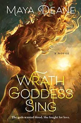 Wrath Goddess Sing by Maya Deane book cover with woman with red hair blowing toward yellow sun
