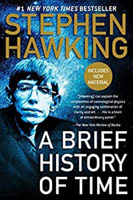 A Brief History of Time by Stephen Hawking book cover with Stephen Hawking - man with glasses and short bowl like haircut in blue tint