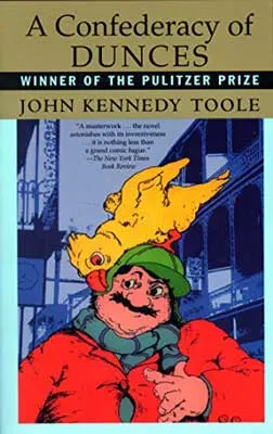 A Confederacy of Dunces by John Kennedy Toole book cover with illustrated person with mustache in red jacket and green scarf and hat with yellow bird on head