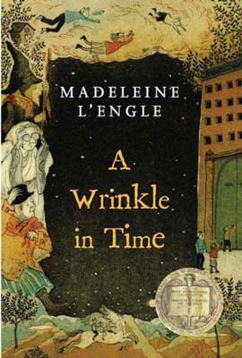 A Wrinkle in Time by Madeleine L'Engle book cover with illustrations of people flying and a buildings