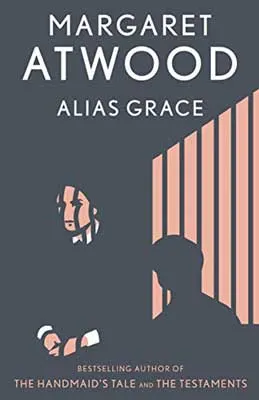 Alias Grace by Margaret Atwood book cover with image of person's floating face and another person standing in front of blinds or window