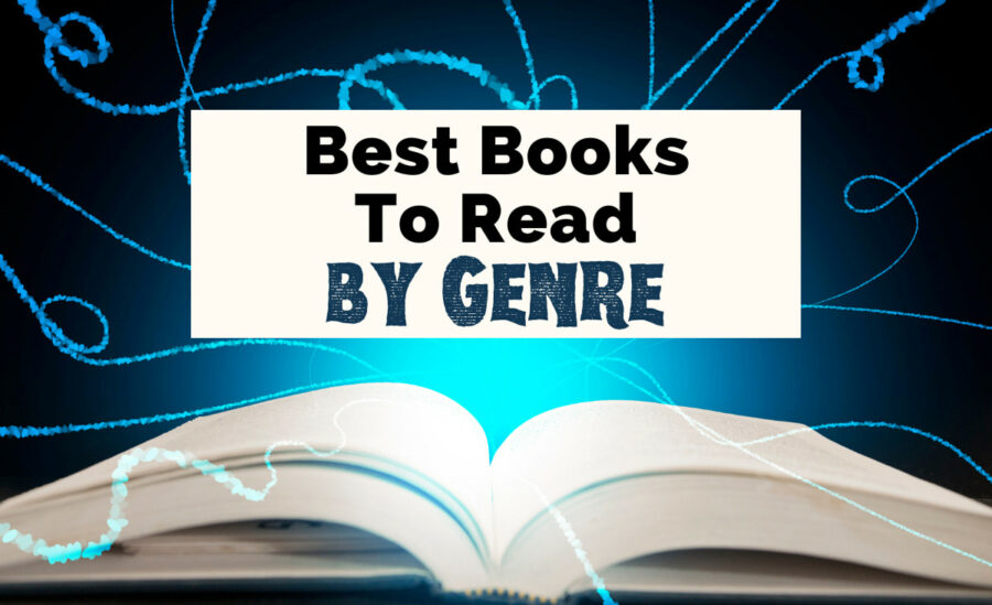 Books By Genre with open book with white pages and blue glow coming from it