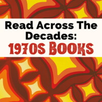 Books From The 70s with yellow star-like geometric pattern with stairs in orange and red border on brown background