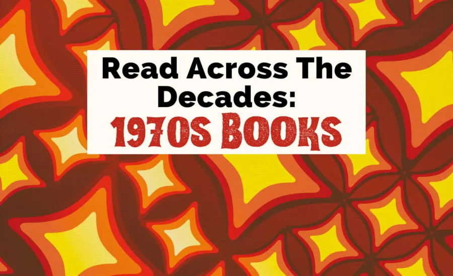 Books From The '70s with yellow star-like geometric pattern with stairs in orange and red border on brown background