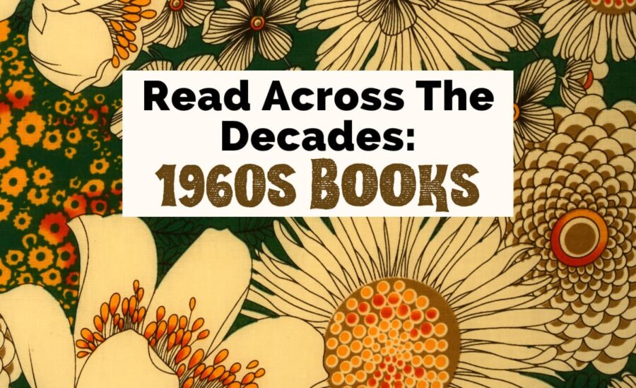 Books From the 60s with image of 1960s flower pattern with beige orange and red vintage flowers on green background