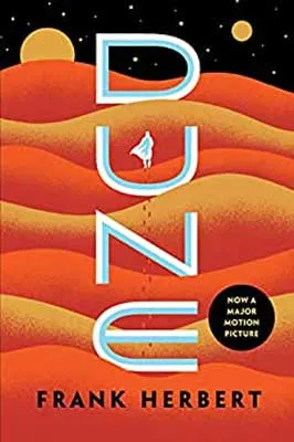 Dune by Frank Herbert book cover with red-orange and yellow-brown illustrated dunes