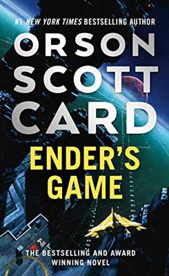 Ender's Game by Orson Scott Card book cover with space craft flying in purple, blue, and turquoise space landscape