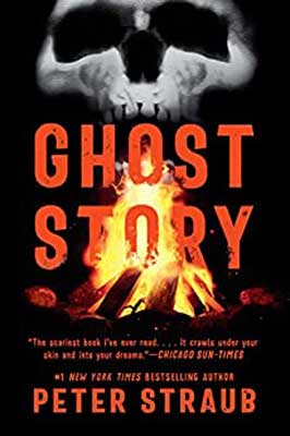 Ghost Story by Peter Straub book cover with skull over burning firepit