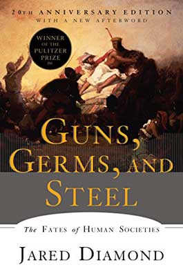 Guns, Germs, and Steel by Jared Diamond book cover with people fighting