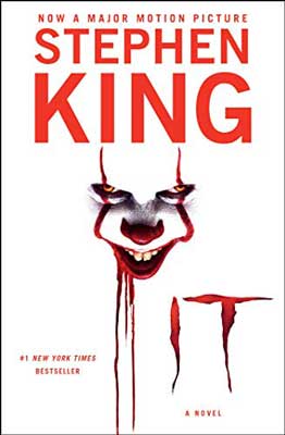 It by Stephen King book cover with white background and red eyes, nose and mouth of a scary clown