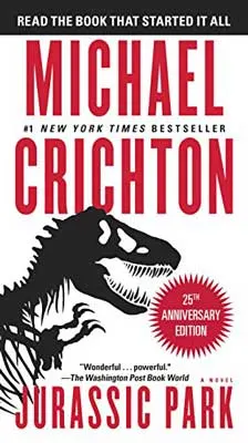 Jurassic Park by Michael Crichton book cover with black trex skeleton