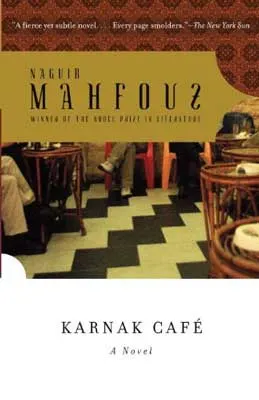 Karnak Café by Naguib Mahfouz book cover with white and black tiled floor in cafe