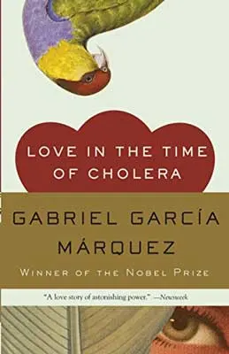 Love in the Time of Cholera by Gabriel García Márquez book cover with upside down bird, eye, and green leaf