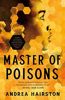 Master of Poisons by Andrea Hairston book cover with side profile of person's face with yellow geometric patterns blended in