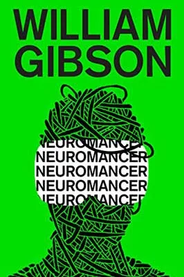 Neuromancer by William Gibson book cover with bright green background and head like ball of yarn or wires