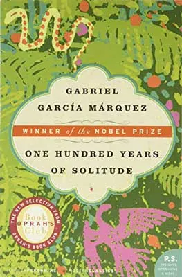 One Hundred Years of Solitude by Gabriel Garcia Marquez book cover with illustrated green leaves, yellow snake, and pink bird