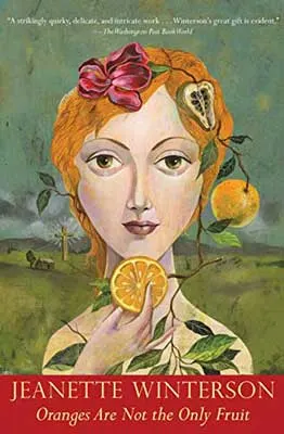 Oranges Are Not The Only Fruit by Jeannette Winterson book cover with white person with orange hair eating orange slices