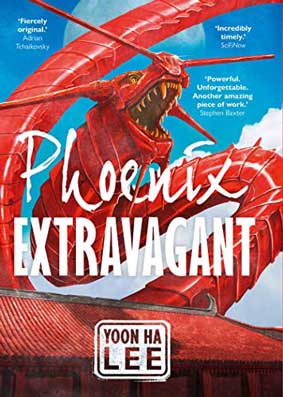 Phoenix Extravagant by Yoon Ha Lee book cover with red dragon with mouth open