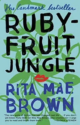 Rubyfruit Jungle by Rita Mae Brown book cover with green leaves and vines on blue background
