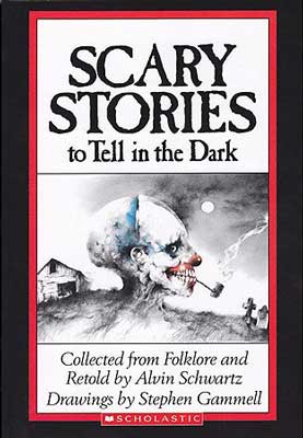 Scary Stories To Tell In The Dark by Alvin Schwartz book cover with skull like head in middle of gray landscape