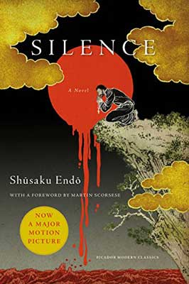 Silence by Shusaku Endo book cover with illustrated red moon and person kneeling on cliff