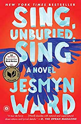 Sing, Unburied, Sing by Jesmyn Ward book cover with purple like bird on red orange background