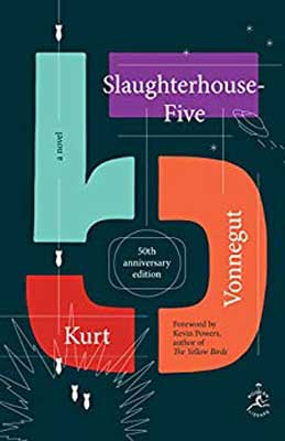 Slaughterhouse-Five by Kurt Vonnegut book cover with number 5 with purple, turquoise, orange, and red coloring