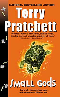 Small Gods by Terry Pratchett book cover with green turtle surrounded in yellow glow on orange cover