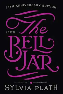 The Bell Jar by Sylvia Plath book cover with black background and purple title